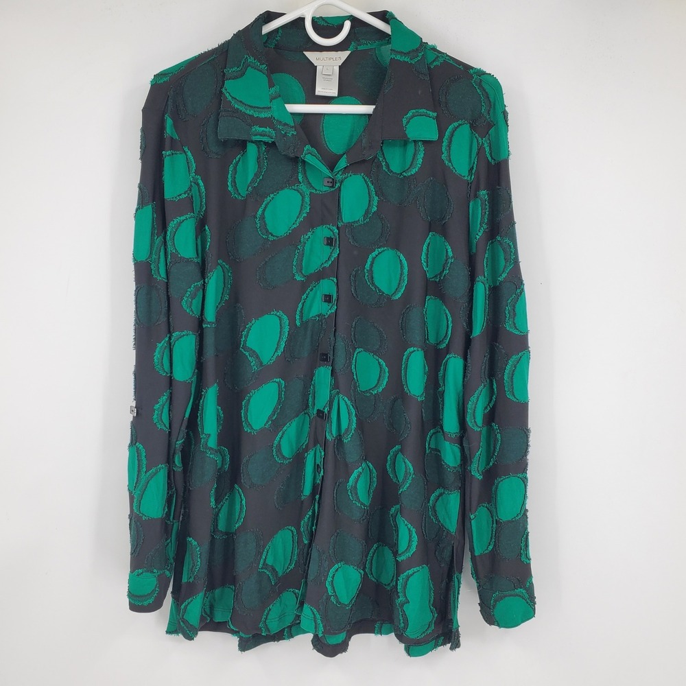 NWT Multiples Celebration Emerald Green Button Up Long‎ Sleeve Collared Shirt L